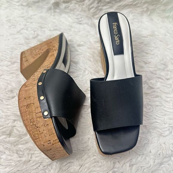 Franco Sarto Damara Platform Slide Sandal Black Peep toe Chunky cork Heel sz6.5M - Picture 2 of 8
